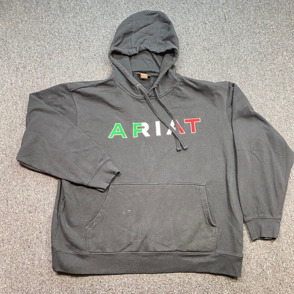 Ariat Hoodie Sz XL Mens Black Western Skater Tri Color Logo Pullover Sweatshirt